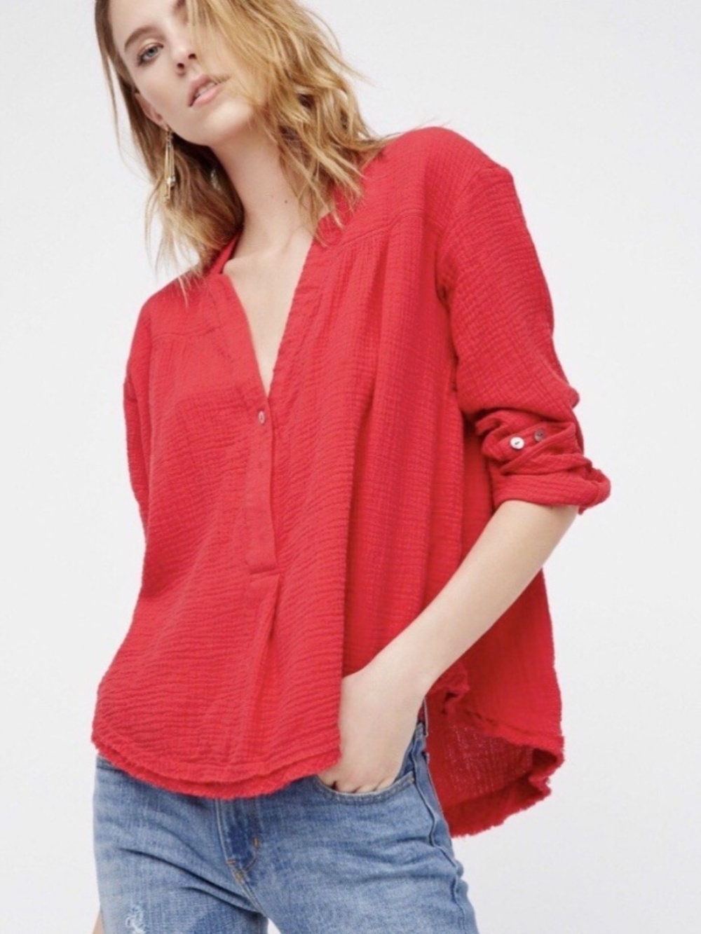 Free People Changing Horizons Pullover Gauze Top Boxy Boho Oversized Red XS